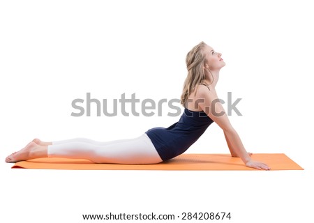 Beautiful blond woman doing stretching muscles of the back, legs, hips, buttocks on a mat on white background.