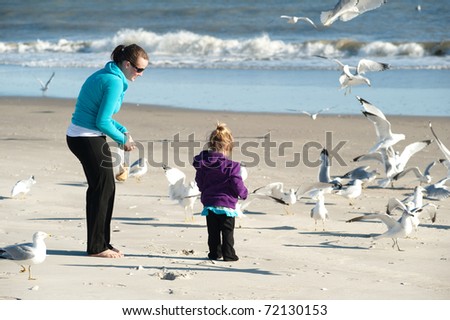 woman and child feeding birds at the beach