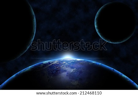 Deep space imaginary planets with sun glow