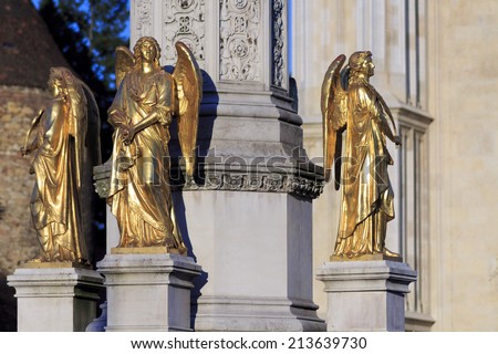 ZAGREB, CROATIA - AUGUST 28, 2014: Golden Angels sculpture, fountain in front of cathedral in Zagreb, Croatia