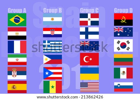 The National flags of countries that are competing in basketball in Spain sorted by group. On blue background