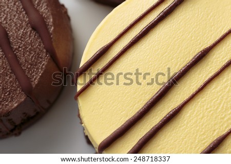 Vanilla and chocolate mousse cake close up