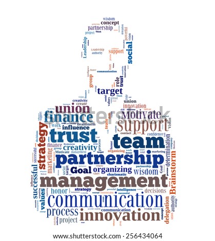 Conceptual  word cloud containing words related to leadership, business, innovation, success in shape of businessman