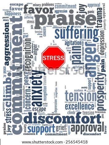 Conceptual  word cloud containing words related to stress in business. Word cloud in shape of businessman with handbag