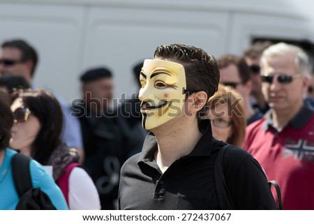 ZAGREB, CROATIA - APRIL 25, 2015: Man wearing Anonymous mask during a protest against rising interest on loans in Swiss francs in Croatia, Zagreb