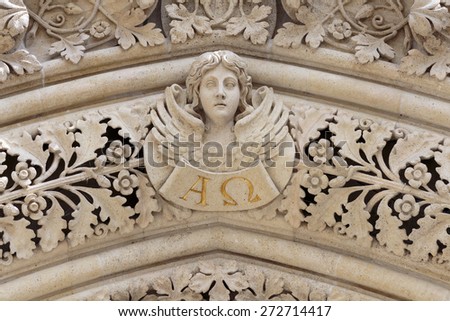 Angel on the portal of the cathedral dedicated to the Assumption of Mary and to kings Saint Stephen and Saint Ladislaus in Zagreb