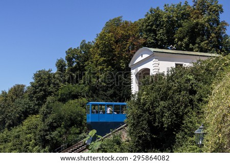 ZAGREB, CROATIA - JULY 11, 2015: The Zagreb funicular is one of many tourist attractions in Zagreb, Croatia. It is one of the shortest funiculars in the world; the length of the track is 66 meters.
