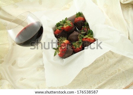 A glass of red wine and box of chocolate strawberries.