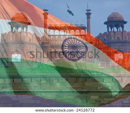 A composite of two photos taken by the author. India flag and Red Fort in New Delhi.