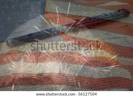 A collage of photos by the artist - US Declaration of Independence, flute, American flag, eagle and fireworks.