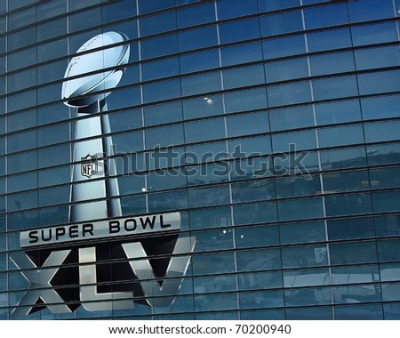 ARLINGTON - JAN 26: Preparations are underway for Super Bowl XLV. A view of the Super Bowl trophy on the side of Cowboys Stadium in Arlington, Texas. Taken January 26, 2011 in Arlington, TX.