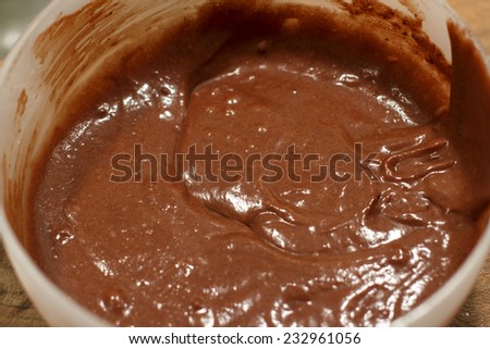 Close-up of Chocolate cake batter in a white bowl
