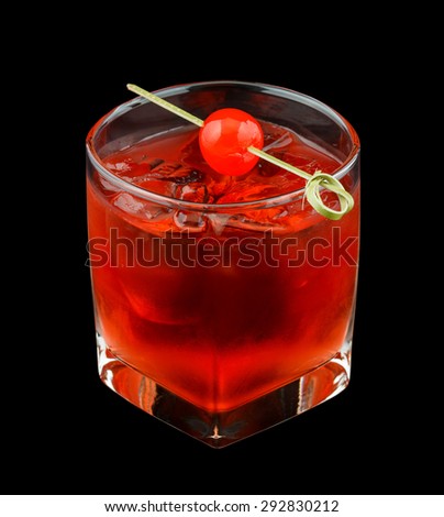 Red drink that contains vodka, rose syrup, grenadine and cranberry juice and is garnished with a maraschino cherry. Isolated on black.