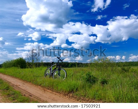 Bicycle resting by side of road in summer countryside scene