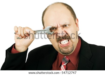 Furious man looking through a big wrench, isolated on white - stock-photo-furious-man-looking-through-a-big-wrench-isolated-on-white-54712747