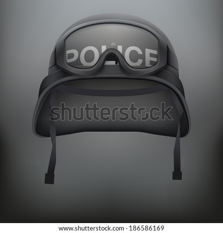 Background of black police helmet and goggles. Space for text. Vector illustration. Metal army symbol of defense and protection.