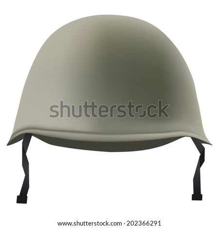 Military classic helmet green color. Metallic army symbol of defense and protect. Isolated on white background. Bitmap copy.