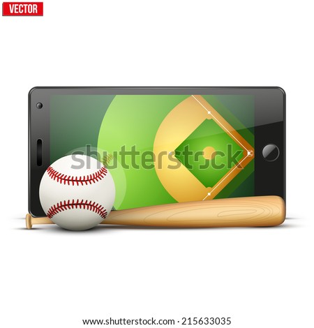 Mobile phone with baseball ball and field on the screen. Sports theme and applications. Vector illustration Isolated on white background.
