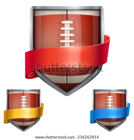 Set of Bright metal shield in the football ball inside with ribbons. Editable Vector Illustration isolated on white background.