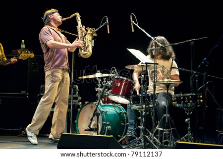 SEVASTOPOL, UKRAINE - JUNE 9: Bill Evans plays saxophone and Josh Dion plays drums at the  Marine Club on June 09, 2011 in Sevastopol, Ukraine.