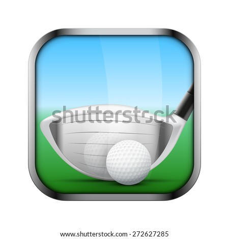 Square icon for golf sports application or games. Golf clubs and ball.  Illustration of sporting field and play button.