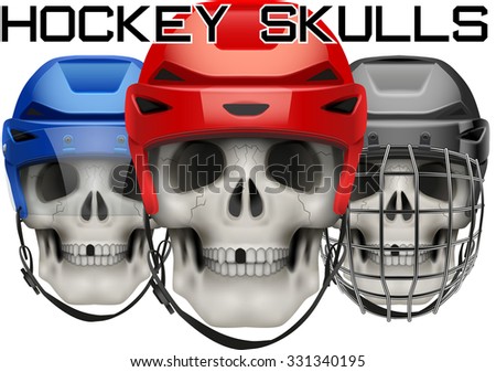 Set of skulls with ice hockey helmet. Vector Illustration on isolated white background.