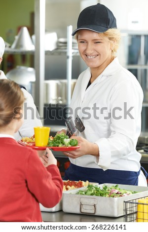 Female Pupil In School Cafeteria Being Served Lunch By Dinner Lady