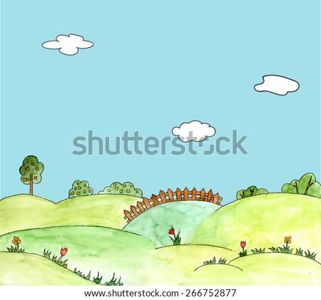watercolor vector landscape with trees, field, flowers, grass, hills. Childlike hand drawn illustration of blooming meadow.