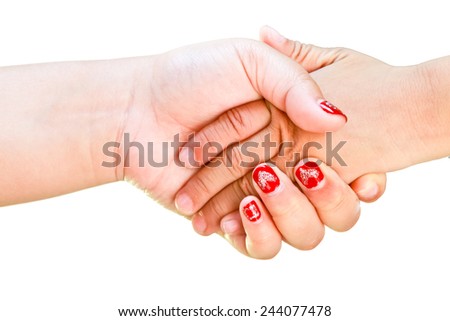 Shaking hands of two old and young  people, isolated on white