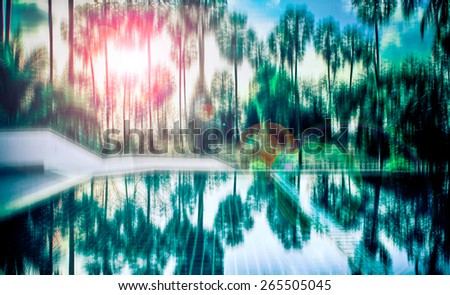blurred abstract background photo of sugar palm and reflection on water with surreal motion blur effect