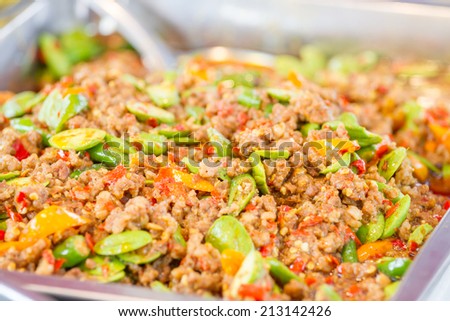 (Thailand Food) Fried Vegetable seeds, chilli pork served on a tray.
