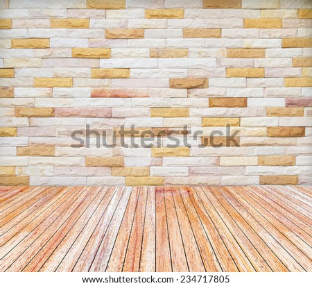 Backdrop brick wall and wood slabs arranged in perspective texture background.