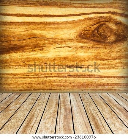 Backdrop solid wood wall and wood slabs arranged in perspective texture background.