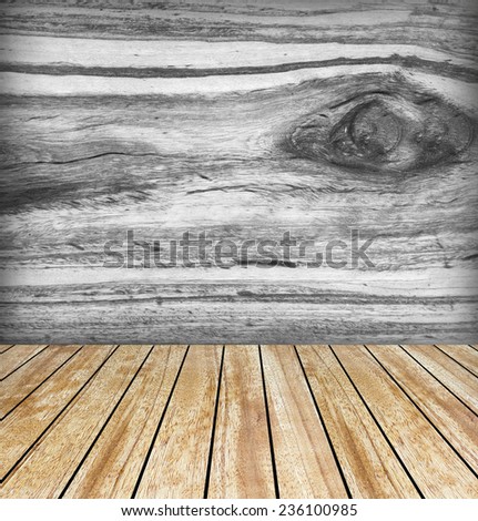 Backdrop solid wood wall and wood slabs arranged in perspective texture background.