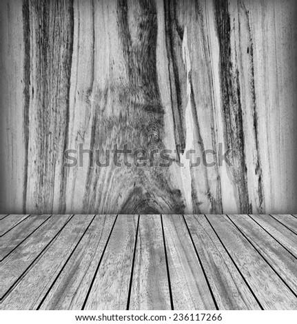 Backdrop wood wall and wood slabs arranged in perspective texture background.
