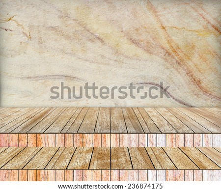 Backdrop wooden wall and wood slabs arranged in perspective texture background.