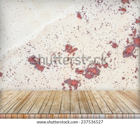 Backdrop sandstone wall and wood slabs arranged in perspective texture background in natural colors and patterns.