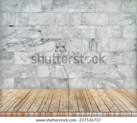 Backdrop marble brick wall and wood slabs arranged in perspective texture background in black and white.