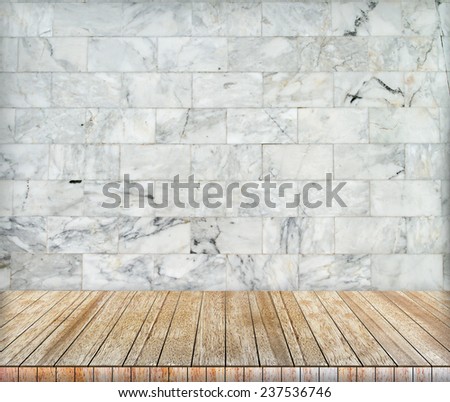 Backdrop marble brick wall and wood slabs arranged in perspective texture background in black and white.