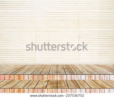 Backdrop  brick wall and wood slabs arranged in perspective texture background.