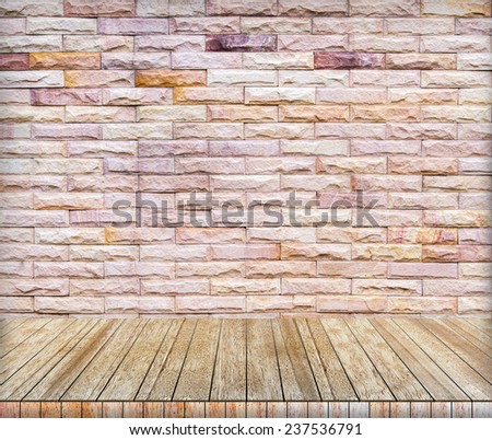 Backdrop  brick wall and wood slabs arranged in perspective texture background.