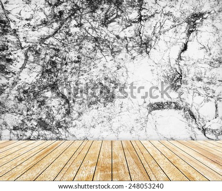 Backdrop  black and white marble wall and wood slabs arranged in perspective texture background.