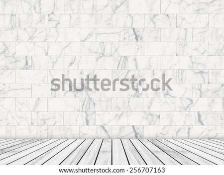 Backdrop white marble brick wall and white wood slabs arranged in perspective texture background for design.