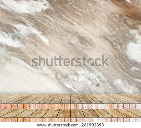 Backdrop  marble wall and wood slabs arranged in perspective texture background.