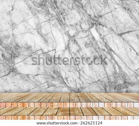 Backdrop  marble wall and wood slabs arranged in perspective texture background.