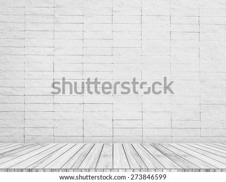 Backdrop  gray brick wall and wood slabs arranged in perspective texture background.