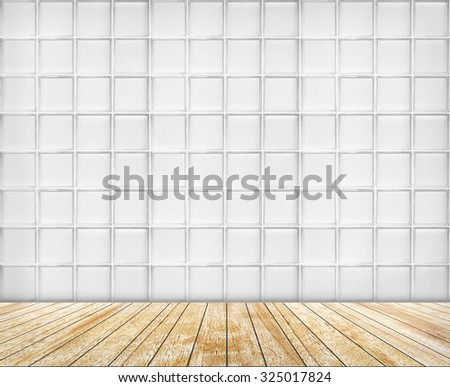 Backdrop glass block wall and wood slabs arranged in perspective texture background.