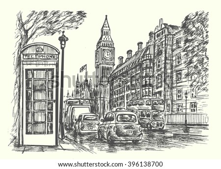 London City Traffic Scene With Popular Landmarks, Hand Drawn, Sketch