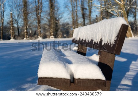 wood bench cover by snow  cold winter time, snow cover wood bench in the middle of forest