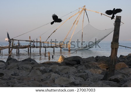 Flying birds against a background of chinese fishing net
